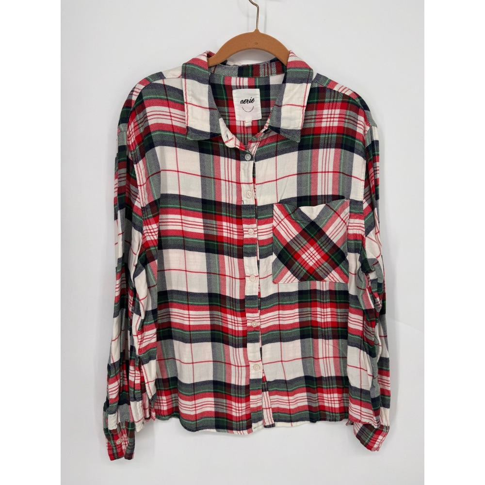 Aerie Button Down Women Large Red Plaid EUC Long Sleeve Cotton Blend Relaxed Fit